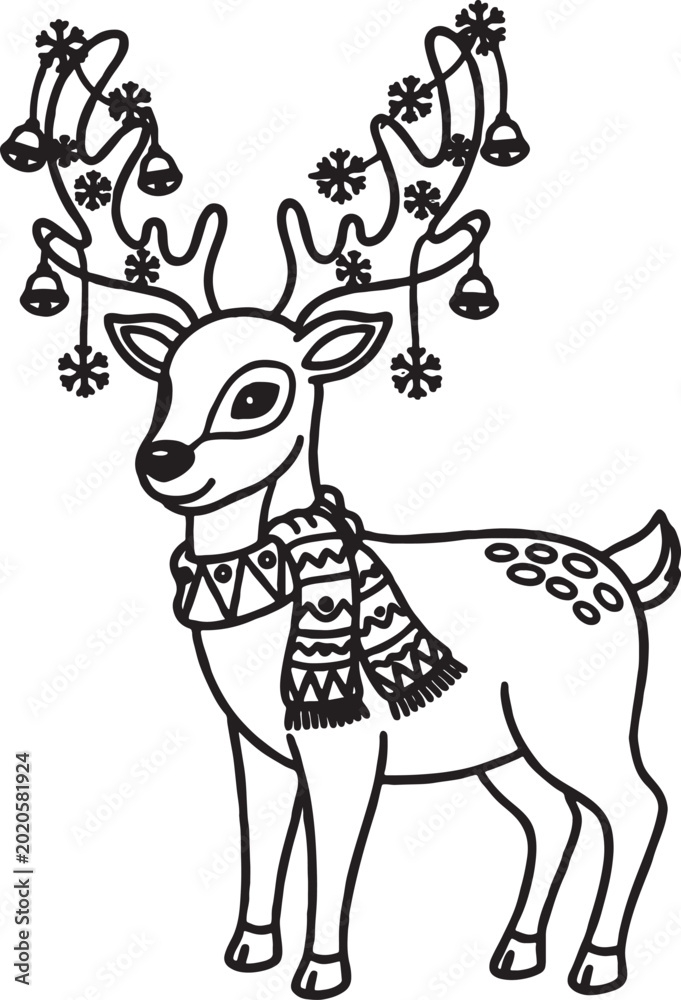 Fototapeta premium Festive reindeer with scarf and antlers decorated with snowflakes and bells outline drawing hand drawn white background line art wild animal north pole reindeer christmas snowflake