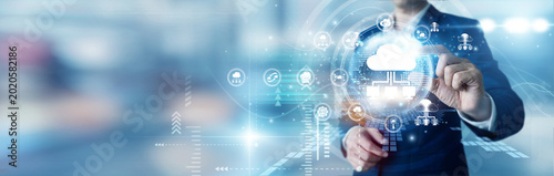 Tableau sur toile Cloud architect hand hold global CLOUD COMPUTING and network servers