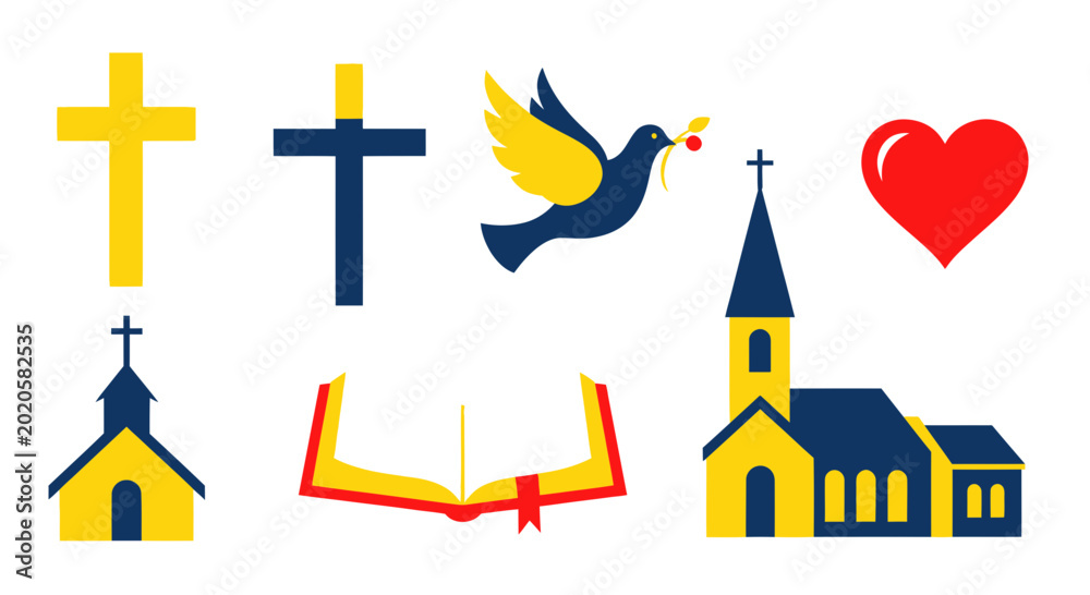 Εκτύπωση καμβά Christianity Symbols Collection: Cross, Dove, Church, Bible, Heart