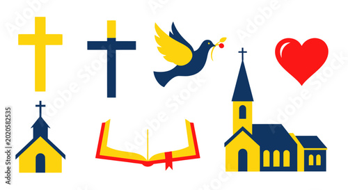 Foto Christianity Symbols Collection: Cross, Dove, Church, Bible, Heart