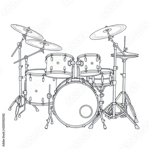 Tableau sur toile Drum Kit Line Art Drawing, Musical Instrument, Black and White Sketch