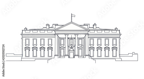 White House Outline Drawing, Iconic Presidential Residence Facade, Washington DC Landmark