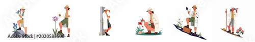 Foto Set of field scientists and botanists studying plants and flowers in various outdoor settings, colorful flat vector illustration isolated on white