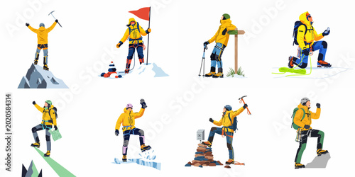Bild auf Leinwand Set of flat vector illustrations featuring mountaineers in yellow gear climbing, navigating, and celebrating on snowy peaks and rocky terrain