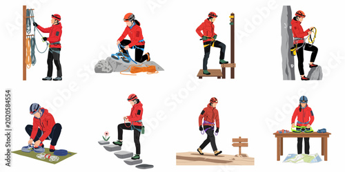 Set of flat illustrations showing male and female climbers preparing gear, checking equipment, and planning routes for rock climbing and mountaineering adventures.