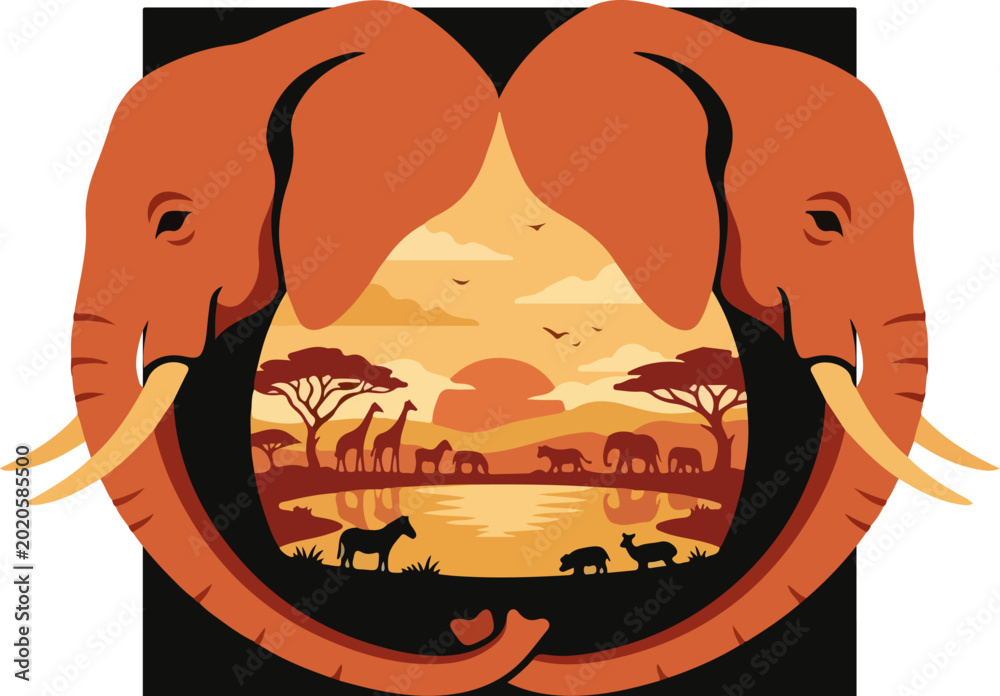 Fototapeta premium Double Elephant Silhouette Framing African Safari Landscape at Sunset.