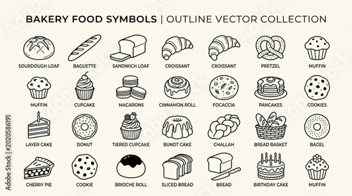 Obraz na płótnie Collection of Outline Vector Icons Representing Various Bakery Food Items