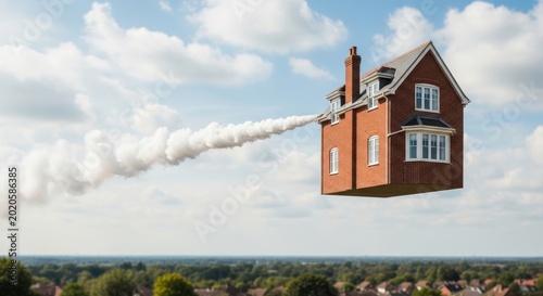 Red brick house flying through a sunny blue sky with white smoke trail Surreal Silliness Wallpaper Background image