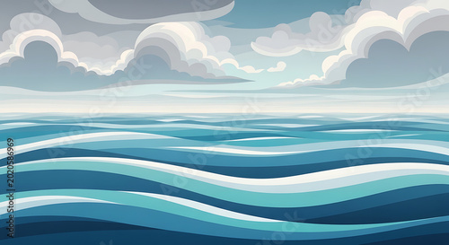 Ocean waves under a cloudy sky with shades of blue and gray clouds