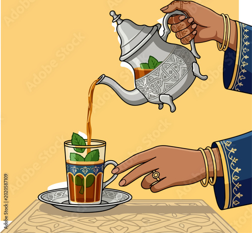 Illustration of hands pouring traditional Moroccan mint tea from a silver teapot into a glass cup.