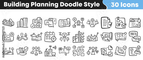 Collection of hand drawn icons for building and construction planning projects