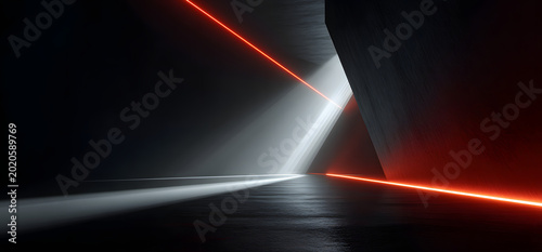 Dramatic concrete room with intersecting red neon laser beam and bright white light casting shadows on wet floor.