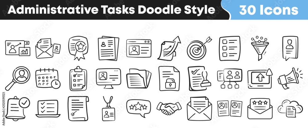 Obraz premium Set of hand drawn doodle icons representing various administrative office tasks