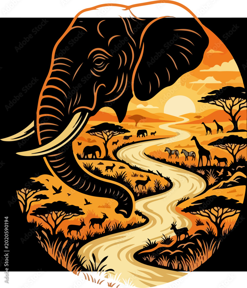 Fototapeta premium Stylized African Savannah Landscape with Elephant Head Silhouette.