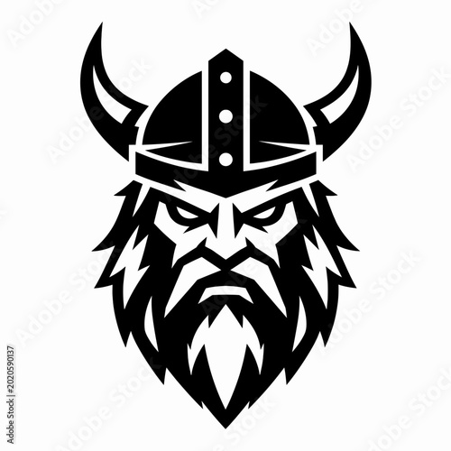 Viking warrior face with aggressive expression, helmet and beard stylized