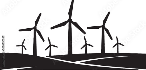 Silhouette of wind turbines in a field under a bright sky with wind turbine wind energy renewable energy green energy eco friendly sustainable energy wind farm black and white