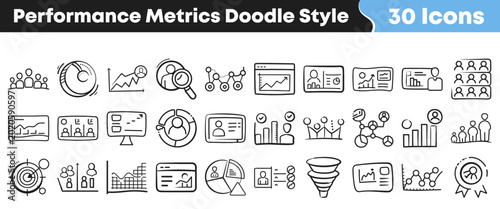 Hand drawn collection of business performance metrics and analytics icons set