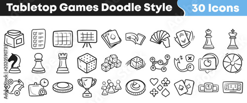 Hand drawn doodle set of various fun tabletop board game icons