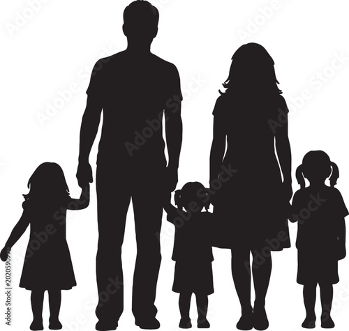 Silhouette of a happy family standing together parents and three young children representing love parenthood unity with children daughter siblings togetherness parenthood childhood