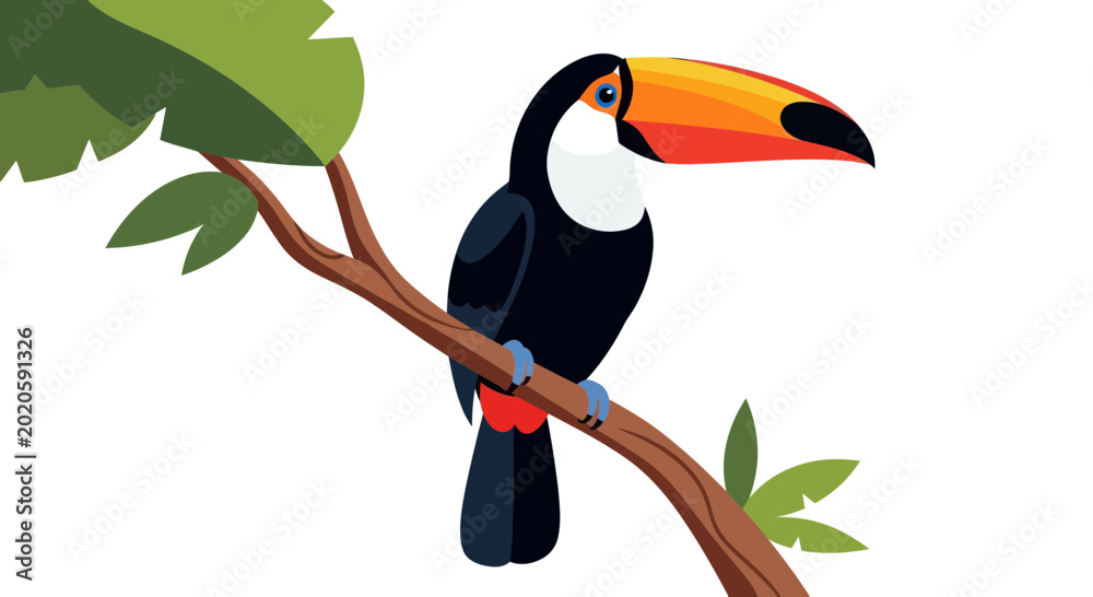 Fototapeta premium Colorful Toucan Bird Perched on a Tree Branch with Green Leaves