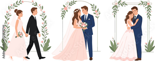 Canvas-taulu Romantic Wedding Couple Vector Set with Bride and Groom Characters, Floral Arch