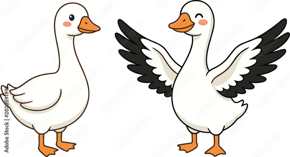 Fototapeta premium Cute White Goose Cartoon Character Collection with Standing and Flying Poses Vector Illustration Isolated on White Background