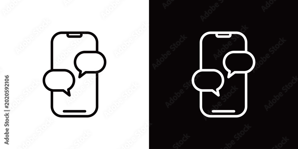 Φωτογραφία チャットが表示されたスマホ画面のラインアイコン。モノクロベクターイラストセット
