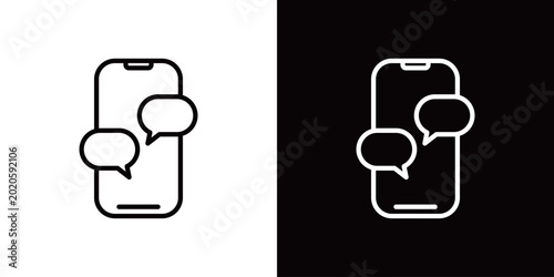 Fotografija チャットが表示されたスマホ画面のラインアイコン。モノクロベクターイラストセット