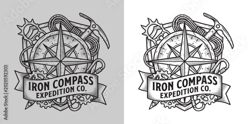 Tableau sur toile Iron Compass Expedition Co Adventure Emblem with Climbing Gear Rope and Ice Axe