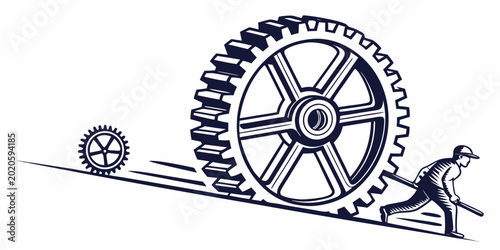 Photos Graphic illustration of a man exerting effort to pull a massive mechanical gear