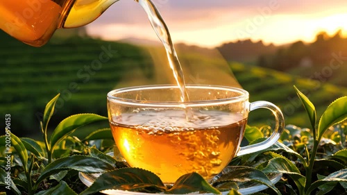 Tea being poured into cup at sunrise ideal for restaurant branding and gastronomy vlogs