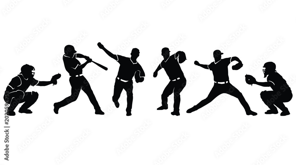Fototapeta premium Black silhouettes of baseball players showing various actions including batting pitching and catching in this image