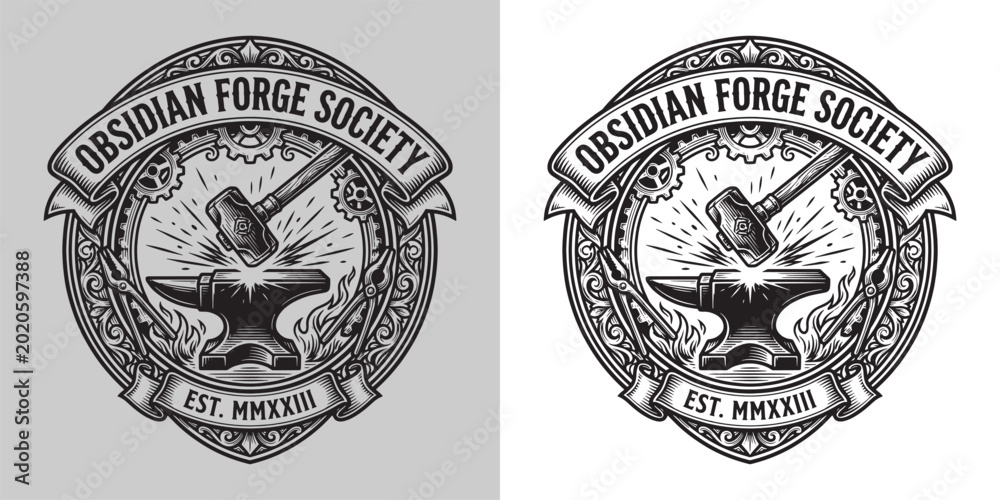 Fototapeta premium Obsidian Forge Society Blacksmith Emblem with Anvil Hammer Gears and Decorative Ornaments