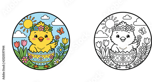 Fotografía "Adorable Easter Chick Hatched from Egg Surrounded by Spring Flowers"