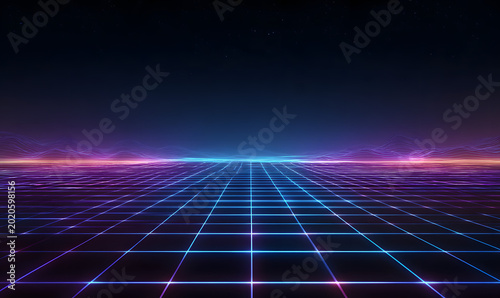 Abstract digital landscape with minimalist wireframe mountains and glowing neon horizon grid under dark twilight sky dreamy aesthetic purple and blue light atmospheric background wallpaper design.