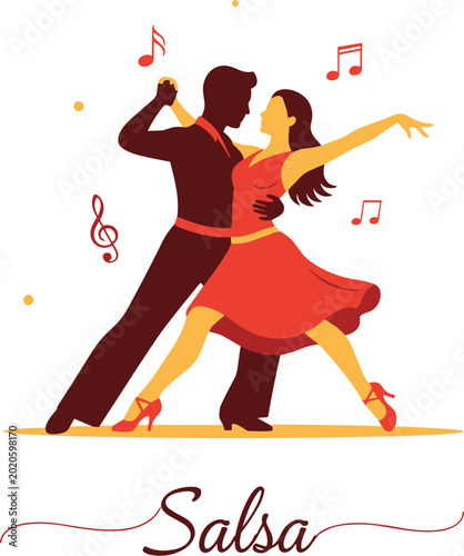 Romantic Couple Dancing Salsa Flat Vector Illustration with Musical Notes for Latin Dance Classes Academy Festival Poster and Event Promotion