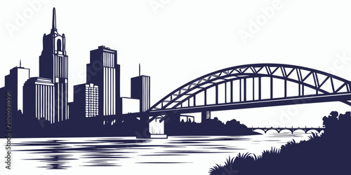 Foto Silhouette graphic of an urban city skyline with skyscrapers and a large arched
