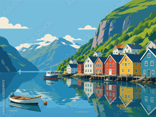 Colorful alpine lakeside village with boats mountains and reflections in peaceful summer travel landscape illustration