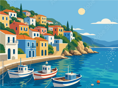 Colorful Mediterranean harbor village with fishing boats blue sea and sunny coastal landscape illustration