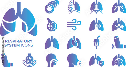 Respiratory system icons lungs alveoli air flow and oxygen symbol medical and science icons.