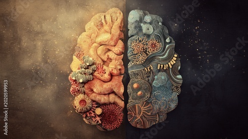 hemisphere. Artistic brain hemisphere split between organic warmth and geometric coolness. wellbeing guides, coaching materials, designed for coaching and self-improvement content.