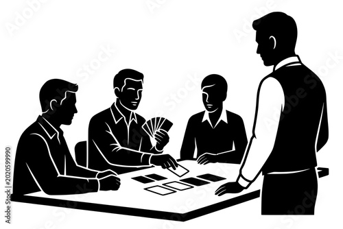 Foto Elegant black silhouette of men playing a card game at a table with a standing dealer