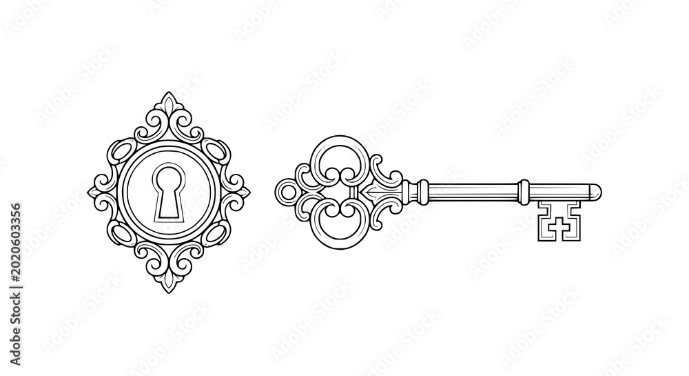 Εκτύπωση καμβά Minimal antique key and keyhole engraved line art with Victorian decorative elem
