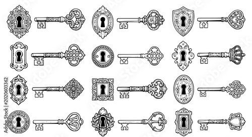 Tableau sur toile Vintage Victorian key and keyhole set with ornate engraved decorative elements v