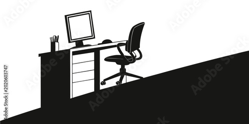 Foto Minimalist black and white office desk illustration with computer and swivel cha