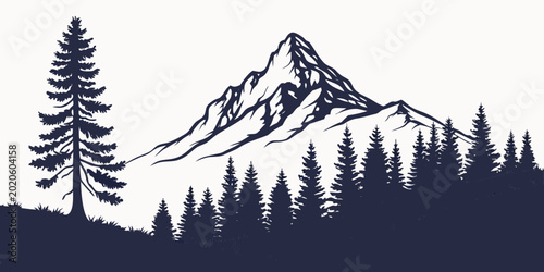 Bild auf Leinwand Graphic silhouette of mountain range and coniferous pine forest with mountain si