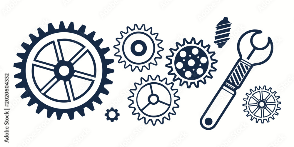 Wall Mural Large machine gear cog surrounded by smaller mechanical parts and wrench with me