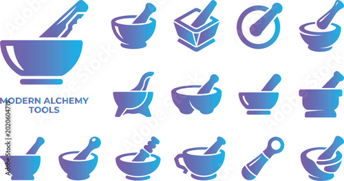 Foto Modern alchemy tools mortar pestle set different shapes and styles for grinding and mixing ingredients