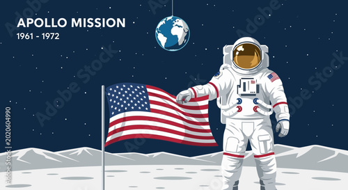 Astronaut planting American flag on moon surface, Apollo mission, Earth in background
