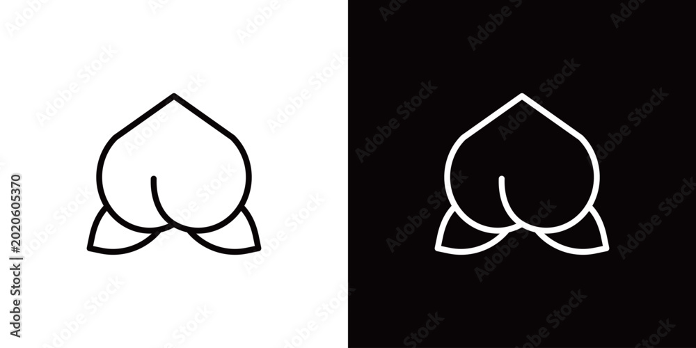 Φωτογραφία アジア風の桃のラインアイコン。白い線と黒い線のモノクロベクターイラストセット